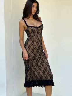Party Dress Midi Black Straps Neck Lace Floral Print Backless Chic Semi Formal Dress