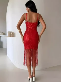 Party Dress Midi Burgundy V-Neck Fringe Sleeveless Backless Sexy Semi Formal Dress