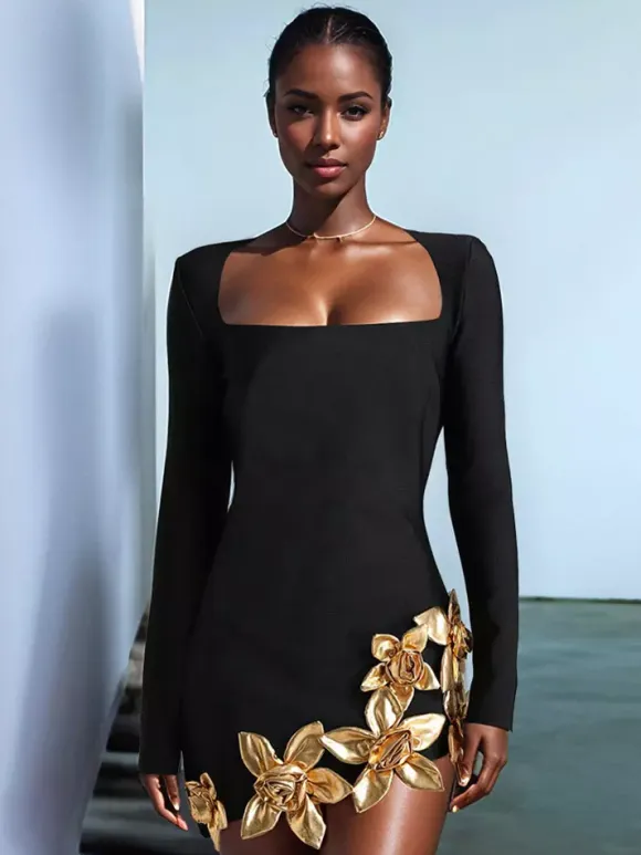 Party Dress Mini Black U-Neck Flowers Long Sleeves Sexy Semi Formal Dress