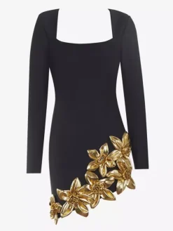 Party Dress Mini Black U-Neck Flowers Long Sleeves Sexy Semi Formal Dress