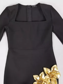 Party Dress Mini Black U-Neck Flowers Long Sleeves Sexy Semi Formal Dress