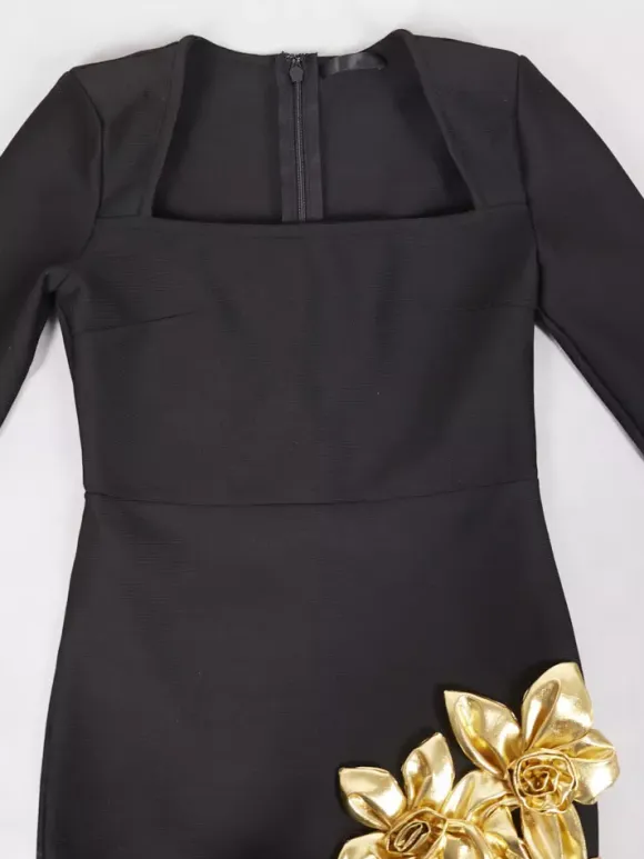 Party Dress Mini Black U-Neck Flowers Long Sleeves Sexy Semi Formal Dress