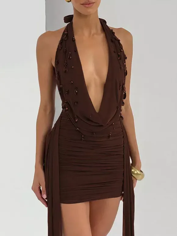 Party Dress Mini Black V-Neck Lace Up Sleeveless Backless Sexy Semi Formal Dress