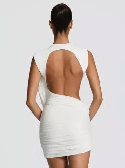 Party Dress Mini Brown Jewel Neck Pleated Sleeveless Backless Sexy Semi Formal Dress