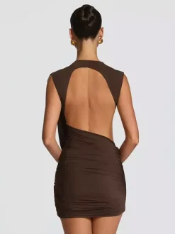 Party Dress Mini Brown Jewel Neck Pleated Sleeveless Backless Sexy Semi Formal Dress