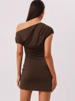 Party Dress Mini Brown One-Shoulder Pleated Backless Sexy Semi Formal Dress