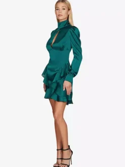 Party Dress Mini Green Stand Collar Ruffles Long Sleeves Shaping Sexy Semi Formal Dress