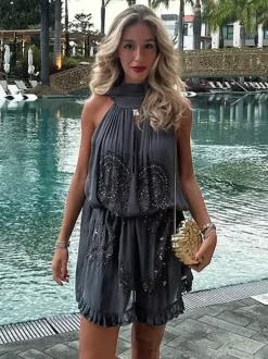 Party Dress Mini Halter Lace Up Sleeveless Clothes Sexy Semi Formal Dress