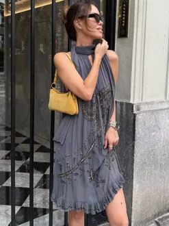 Party Dress Mini Halter Lace Up Sleeveless Clothes Sexy Semi Formal Dress