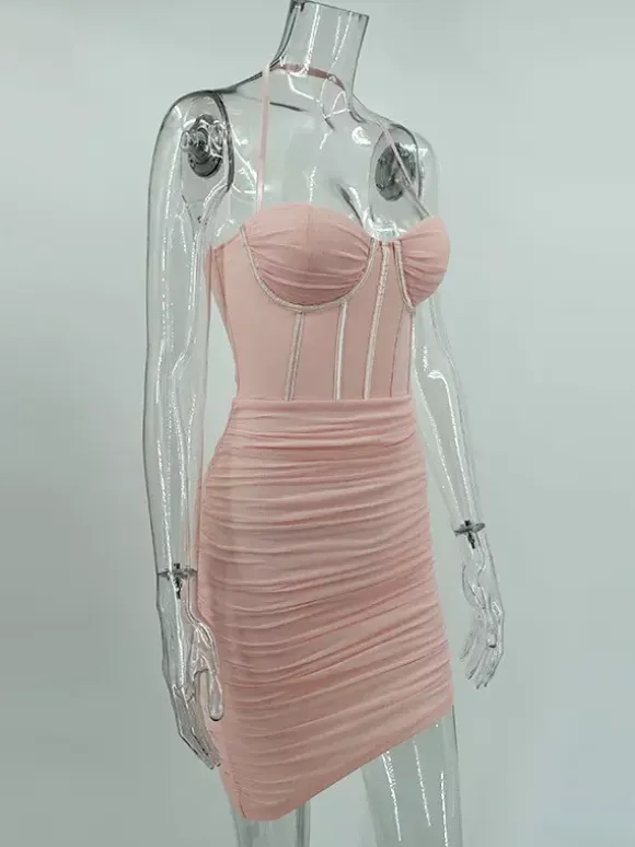 Party Dress Mini Pink Straps Neck Sleeveless Shaping Sexy Semi Formal Dress