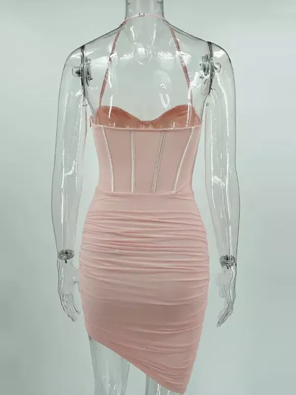 Party Dress Mini Pink Straps Neck Sleeveless Shaping Sexy Semi Formal Dress