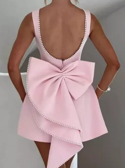 Party Dress Mini White Jewel Neck Pearls Sleeveless Backless Sexy Semi Formal Dress