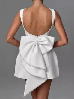 Party Dress Mini White Jewel Neck Pearls Sleeveless Backless Sexy Semi Formal Dress