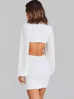 Party Dress Mini White V-Neck Sequins Long Sleeves Cross Front Puff Sleeves Casual Semi Formal Dress