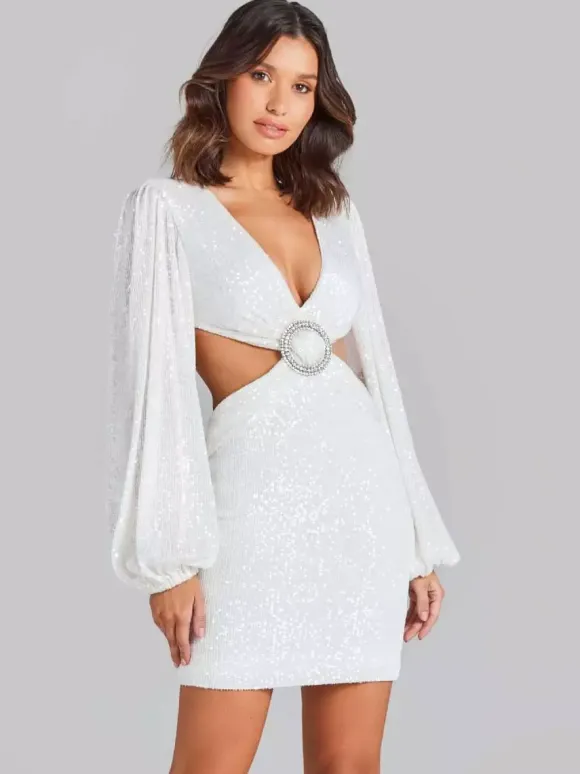 Party Dress Mini White V-Neck Sequins Long Sleeves Cross Front Puff Sleeves Casual Semi Formal Dress