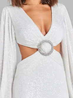 Party Dress Mini White V-Neck Sequins Long Sleeves Cross Front Puff Sleeves Casual Semi Formal Dress