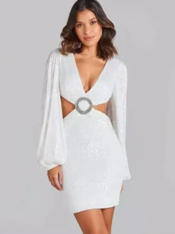 Party Dress Mini White V-Neck Sequins Long Sleeves Cross Front Puff Sleeves Casual Semi Formal Dress