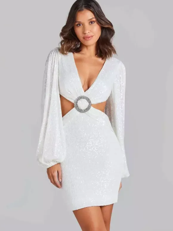 Party Dress Mini White V-Neck Sequins Long Sleeves Cross Front Puff Sleeves Casual Semi Formal Dress