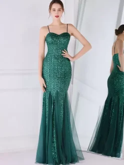 Party Dress Spaghetti Straps Tulle Sequins Elegant Long Mermaid Dress In Burgundy