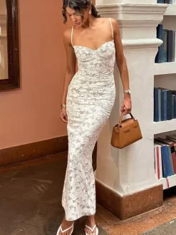 Party Maxi Dresses White Straps Neck Lace Sleeveless Backless Chic Semi Formal Dress