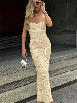 Party Maxi Dresses White Straps Neck Lace Sleeveless Backless Chic Semi Formal Dress