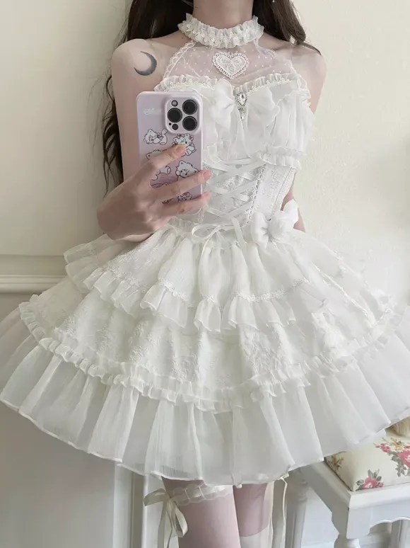 Pastel Gothic Lolita Dresses Ruffles Lace Up Pink White Romance Hime Lolita Dress