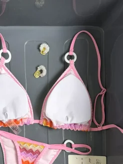 Pastel Gradient Wave Knit O-Ring Triangle Tie Side Bikini Swimsuit
