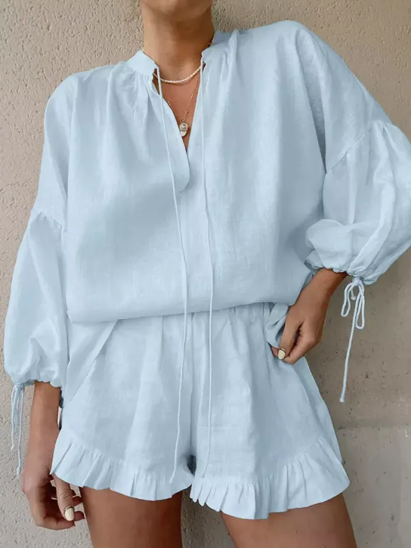 Pastel Pink Blue White Oversized Linen Shirt Elastic Waist Ruffle Shorts Set