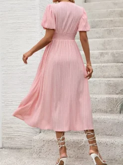 Pastel Pink Midi Tea Dress for Women - Puff Sleeve Ruched Bust Button Front High Waist Flare Dress - Summer Vacation 2026