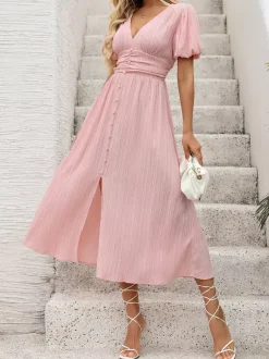 Pastel Pink Midi Tea Dress for Women - Puff Sleeve Ruched Bust Button Front High Waist Flare Dress - Summer Vacation 2026