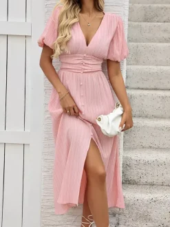 Pastel Pink Midi Tea Dress for Women - Puff Sleeve Ruched Bust Button Front High Waist Flare Dress - Summer Vacation 2026