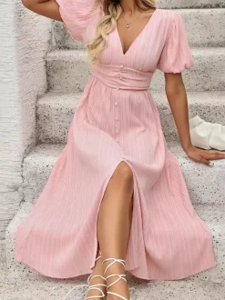 Pastel Pink Midi Tea Dress for Women - Puff Sleeve Ruched Bust Button Front High Waist Flare Dress - Summer Vacation 2026