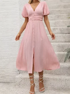 Pastel Pink Midi Tea Dress for Women - Puff Sleeve Ruched Bust Button Front High Waist Flare Dress - Summer Vacation 2026
