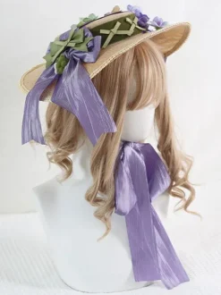 Pastoral Style Lolita Hat Purple Bows Ruffles Flowers Accessory Lolita Accessories