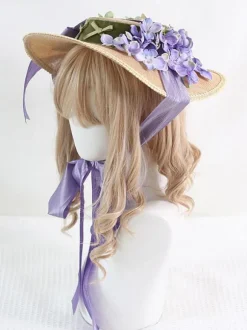 Pastoral Style Lolita Hat Purple Bows Ruffles Flowers Accessory Lolita Accessories