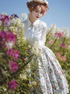 Pastoral Style Lolita Skirt Floral Print White Ruffles Lolita Skirts