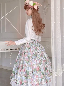 Pastoral Style Lolita Skirt Floral Print White Ruffles Lolita Skirts