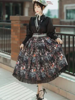 Pastoral Style Lolita Skirt Floral Print White Ruffles Lolita Skirts