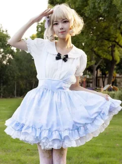 Pastoral Style Lolita SK Ruffles Light Sky Blue Floral Print Lolita Skirts