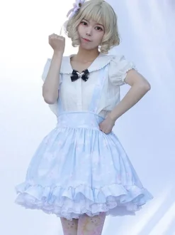 Pastoral Style Lolita SK Ruffles Light Sky Blue Floral Print Lolita Skirts