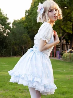 Pastoral Style Lolita SK Ruffles Light Sky Blue Floral Print Lolita Skirts
