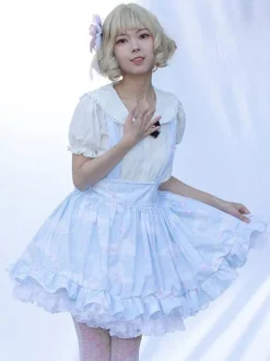 Pastoral Style Lolita SK Ruffles Light Sky Blue Floral Print Lolita Skirts
