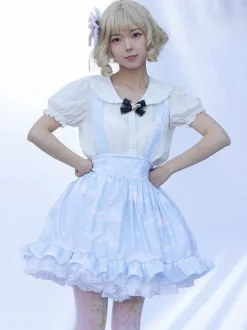 Pastoral Style Lolita SK Ruffles Light Sky Blue Floral Print Lolita Skirts