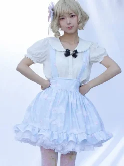 Pastoral Style Lolita SK Ruffles Light Sky Blue Floral Print Lolita Skirts