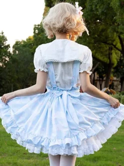 Pastoral Style Lolita SK Ruffles Light Sky Blue Floral Print Lolita Skirts