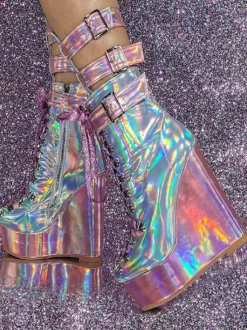 Patent PU Upper Round Toe Wedge Heel Mid Calf Boots For Women