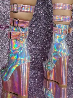 Patent PU Upper Round Toe Wedge Heel Mid Calf Boots For Women