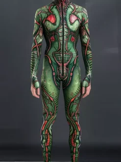Patterned Zentai Suits Mens Sexy Green Snake Print Jumpsuit Bodysuits Dancer Singer Stage Wear Costume