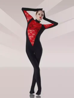 Patterned Zentai Suits Black And Red Tulle Flower Design Lycra Spandex Catsuit