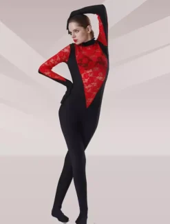 Patterned Zentai Suits Black And Red Tulle Flower Design Lycra Spandex Catsuit